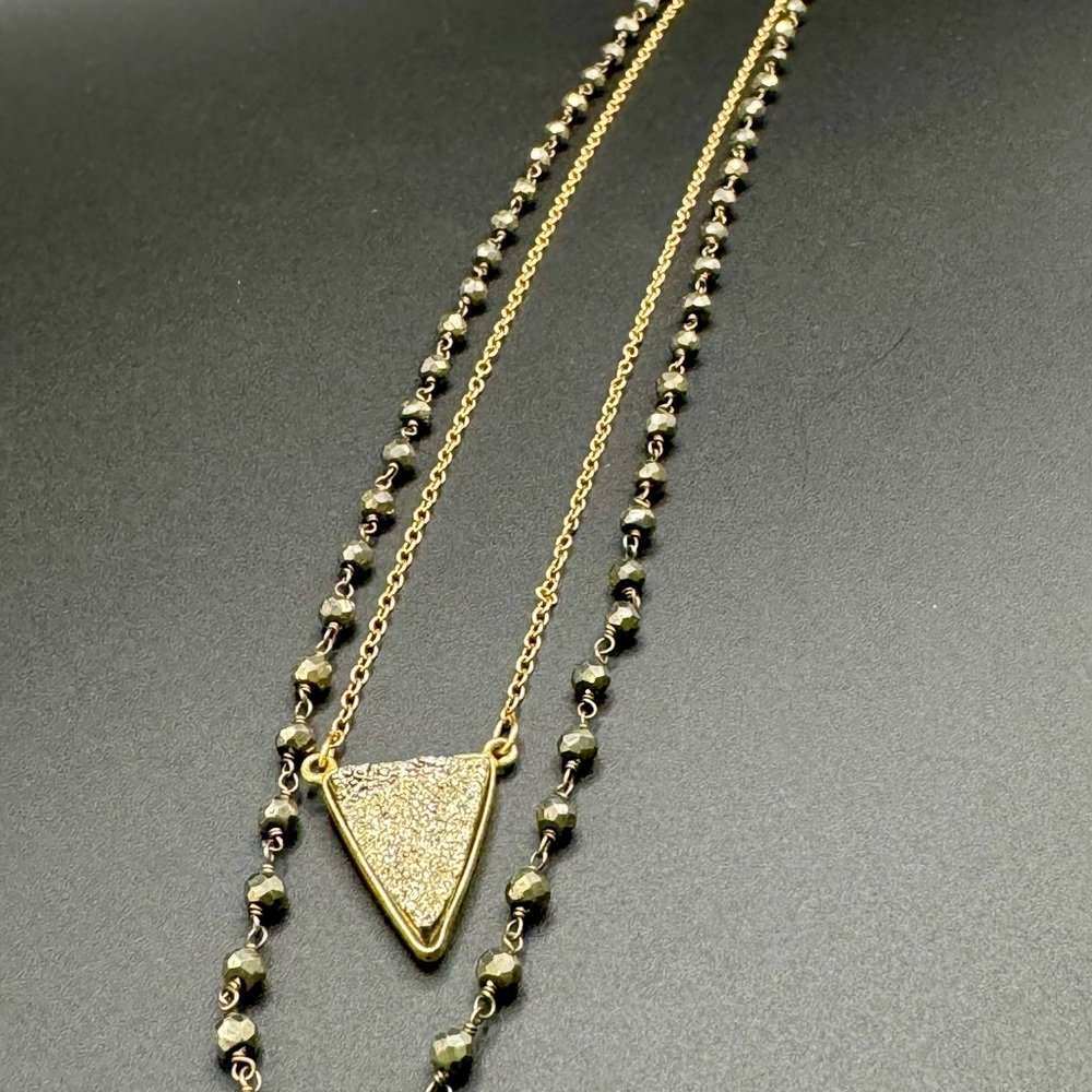 Druzy Champagne Quartz Crystal 10K Gold Layered Necklace